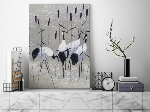 Żurawie nad rozlewiskiem - nowoczesny obraz na płótnie - 50x70 cm