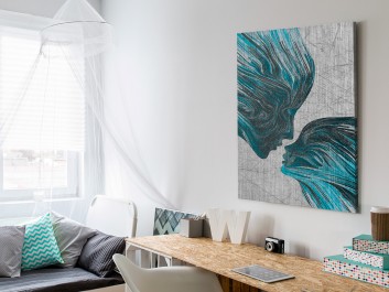 Taniec żywiołów w błękitach - nowoczesny obraz na płótnie - 50x70 cm Taniec żywiołów w błękitach - nowoczesny obraz na płótnie - 50x70 cm