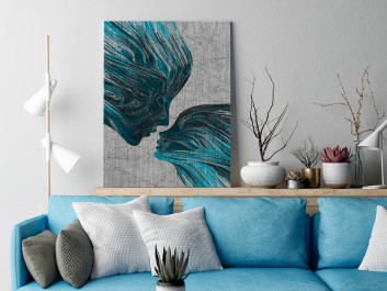 Taniec żywiołów w błękitach - nowoczesny obraz na płótnie - 50x70 cm Taniec żywiołów w błękitach - nowoczesny obraz na płótnie - 50x70 cm