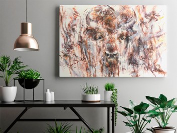 Żubr w puszczy - nowoczesny obraz na płótnie - 120x80 cm Żubr w puszczy - nowoczesny obraz na płótnie - 120x80 cm