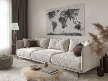 Mapa świata w czerni i bieli - nowoczesny obraz na płótnie - 120x80 cm Mapa świata w czerni i bieli - nowoczesny obraz na płótnie - 120x80 cm