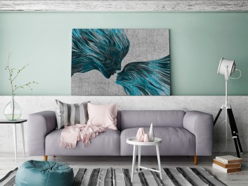 Taniec żywiołów w błękitach - nowoczesny obraz na płótnie - 120x80 cm Taniec żywiołów w błękitach - nowoczesny obraz na płótnie - 120x80 cm
